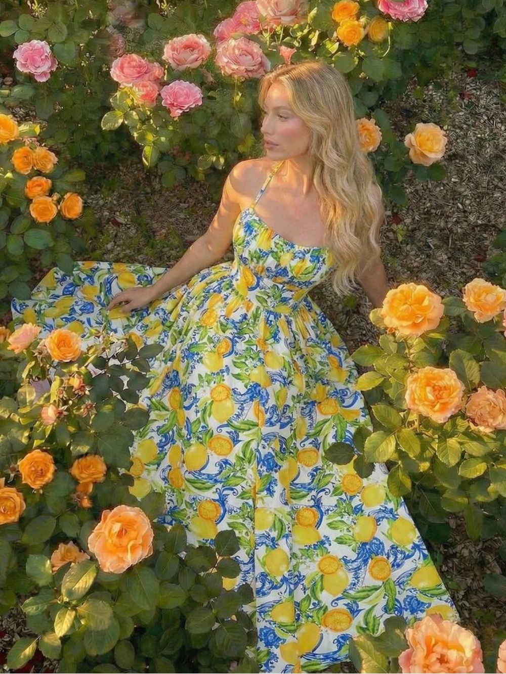 Bow-Tie Strap Lemon Print Floral Dress - Picture 4 of 6